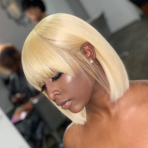 Blonde Bob Wig with Bangs | 100% Human Hair | Glueless Machine Made