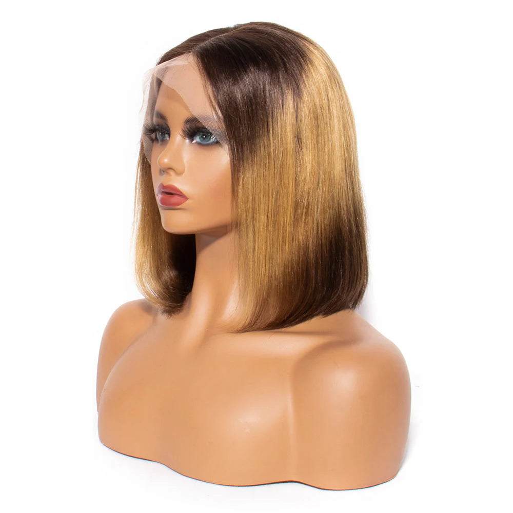 Premium Straight Bob Wig | 100% Human Hair | 13x4 Lace Front | Elegant Black with Rich Caramel Accents