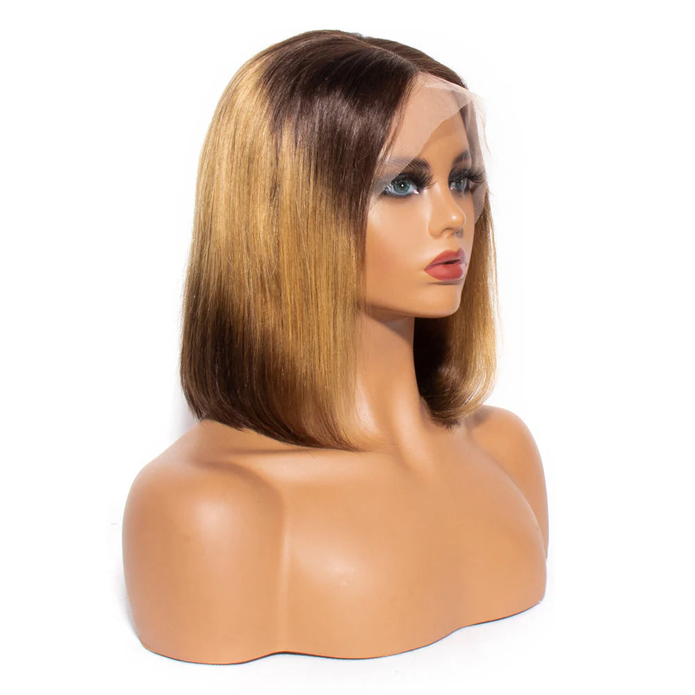 Premium Straight Bob Wig | 100% Human Hair | 13x4 Lace Front | Elegant Black with Rich Caramel Accents