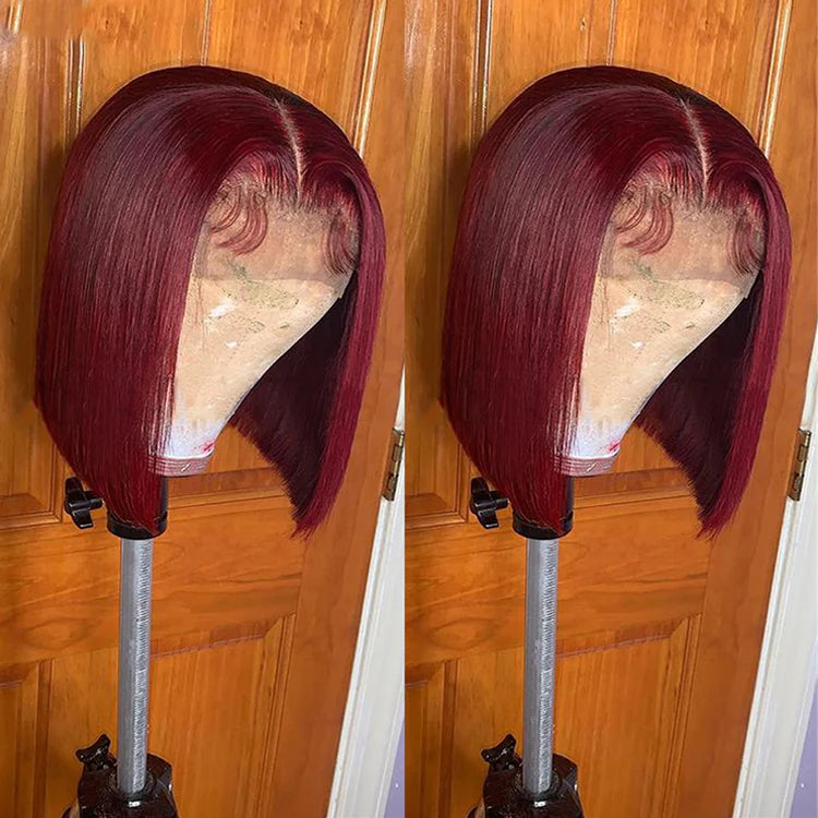 Burgundy 99J Straight Bob Wig – Pre-Plucked 4x4 Lace Closure, Human Hair