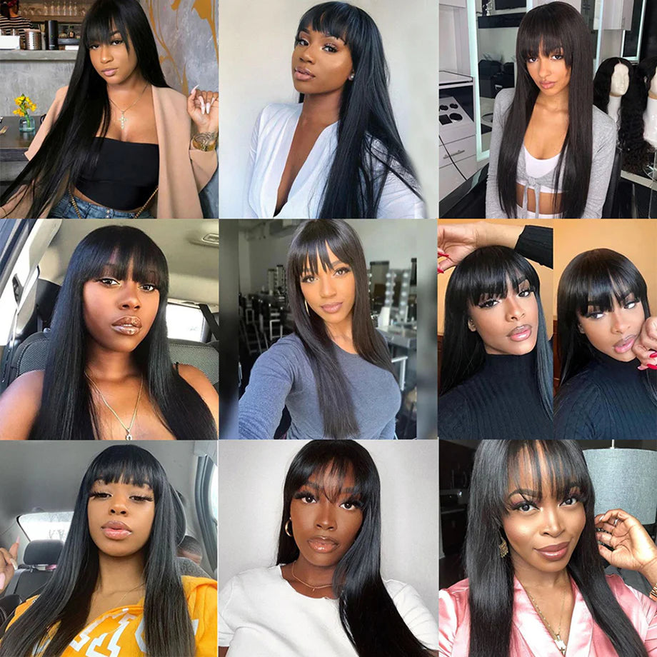 Natural Black Silky Straight Human Hair Wig | Machine-Made with Stylish Bangs