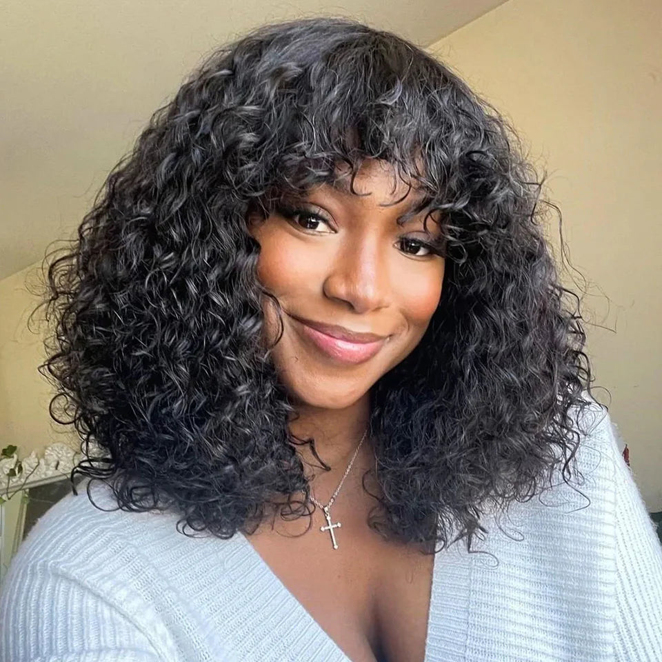 Italian Curly Human Hair Bob Wig with Bangs