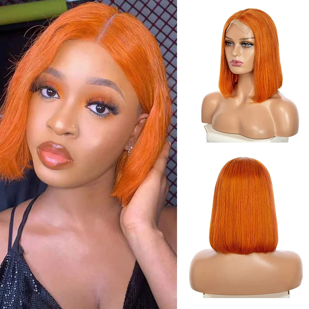 Orange Short Bob Lace Wig | Bleached Knots | Pre-Plucked | High-Density Brazilian Straight Hair