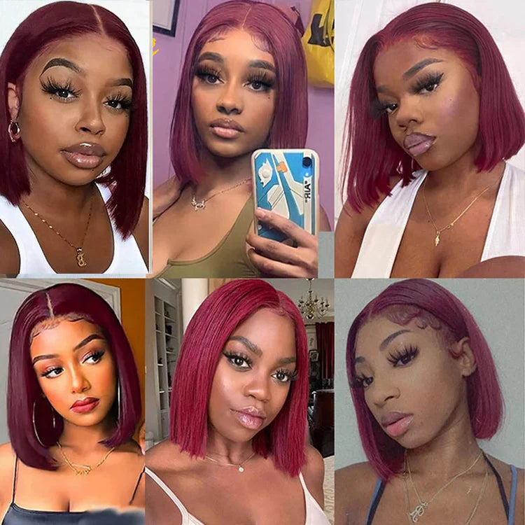 Burgundy 99J Straight Bob Wig – Pre-Plucked 4x4 Lace Closure, Human Hair