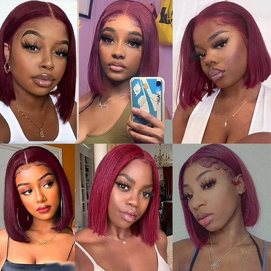 Burgundy 99J Straight Bob Wig – Pre-Plucked 4x4 Lace Closure, Human Hair