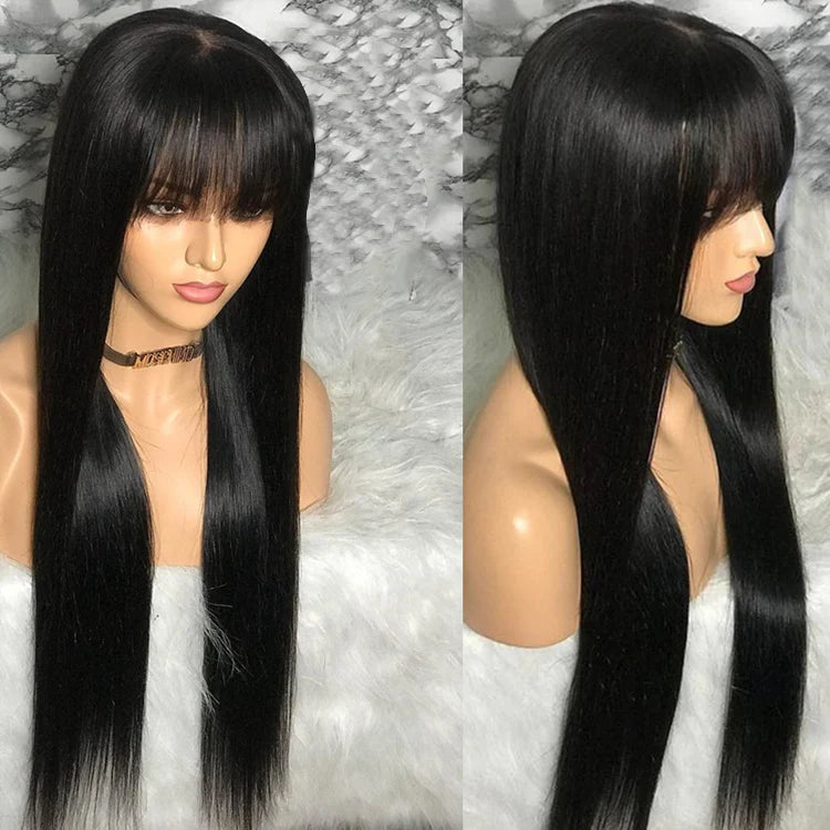 Natural Black Silky Straight Human Hair Wig | Machine-Made with Stylish Bangs