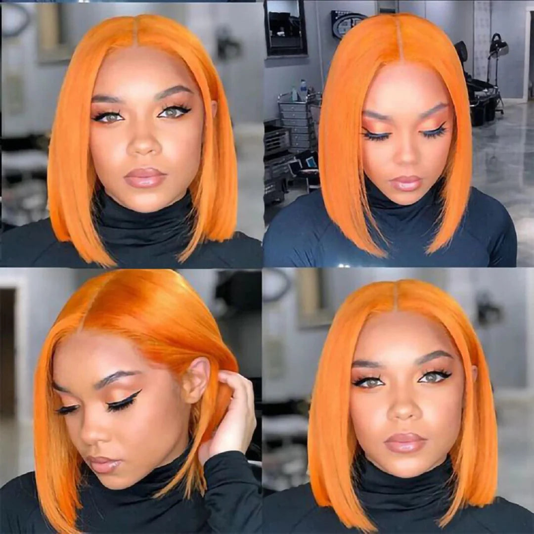 Orange Short Bob Lace Wig | Bleached Knots | Pre-Plucked | High-Density Brazilian Straight Hair