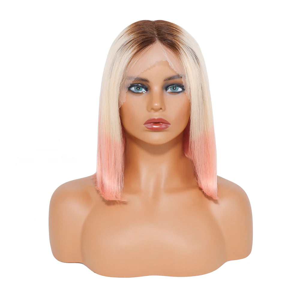 Luxe Silhouette T-Part Lace Front Bob Wig | 150% Density Straight Virgin Hair | Opulent Black, Blonde & Pink Fusion