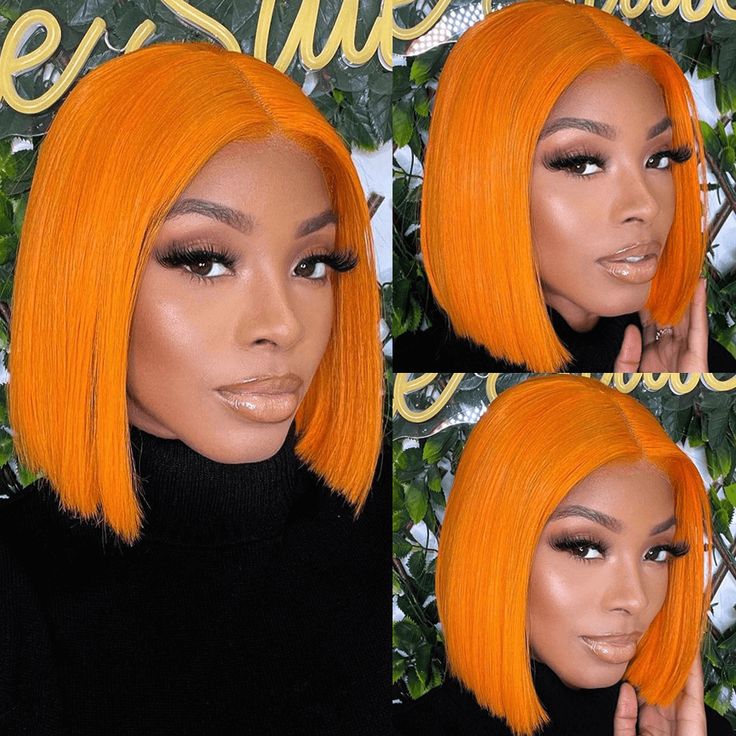 Orange Short Bob Lace Wig | Bleached Knots | Pre-Plucked | High-Density Brazilian Straight Hair