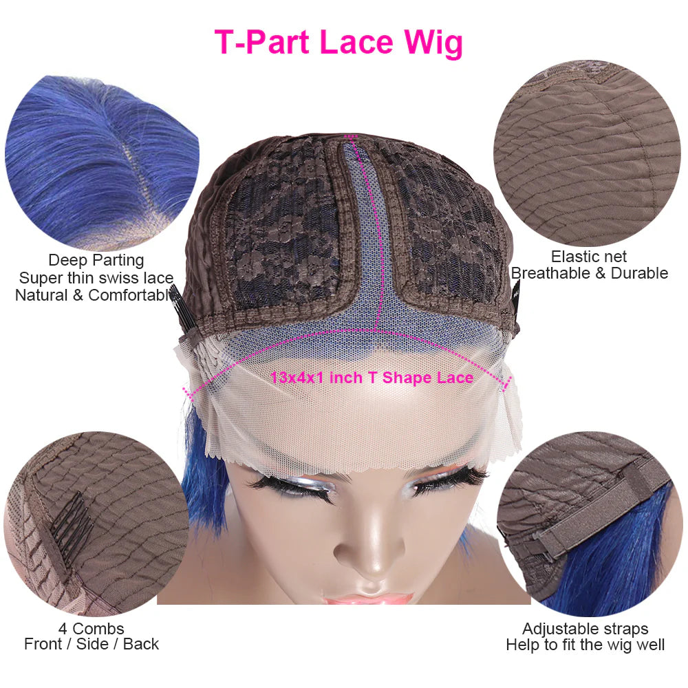 Brazilian Straight Dark Blue Bob Wig | T-Part Lace Front | Pre-Plucked with Baby Hair