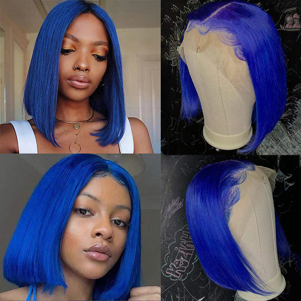 Brazilian Straight Dark Blue Bob Wig | T-Part Lace Front | Pre-Plucked with Baby Hair