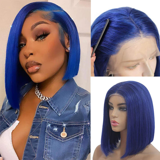 Brazilian Straight Dark Blue Bob Wig | T-Part Lace Front | Pre-Plucked with Baby Hair