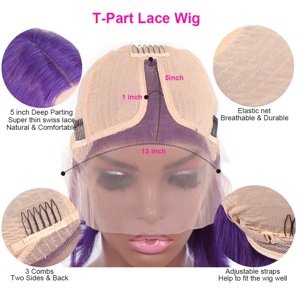 Velvet Luxe Straight Purple Bob Wig | 13x1x4 T-Part Swiss Lace | Pre-Plucked Virgin Human Hair | 150% Density