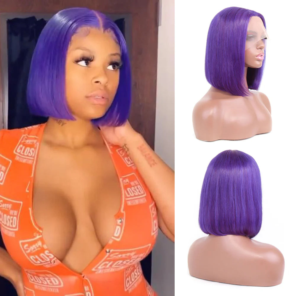 Velvet Luxe Straight Purple Bob Wig | 13x1x4 T-Part Swiss Lace | Pre-Plucked Virgin Human Hair | 150% Density